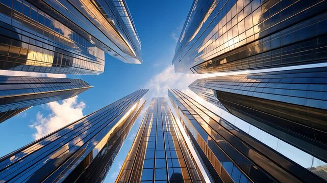 Looking up at modern glass skyscrapers with reflections of the sky and clouds in the city center

