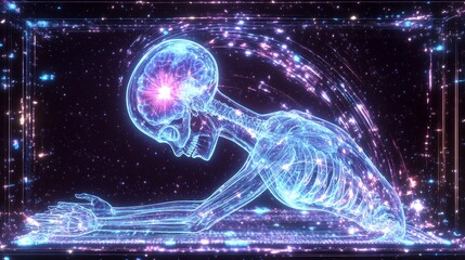 Glowing Digital Illustration: Skeletal Figure Mysteriously Collapses, Futuristic Style. AI Generated