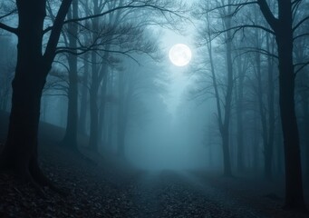 Misty forest path illuminated by a glowing full moon at night