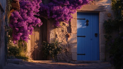 Beautiful blue door surrounded by vibrant purple flowers in a quaint street setting.