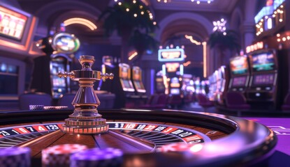 Roulette wheel with purple and red chips, white numbers, in casino setting with blurred background.