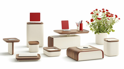 Modern wooden & cream office furniture set with flowers, isolated on white background, for catalog or website.