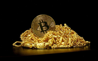 Gold metal bitcoin logo - crypto currency and heap of gold jewelry on black background