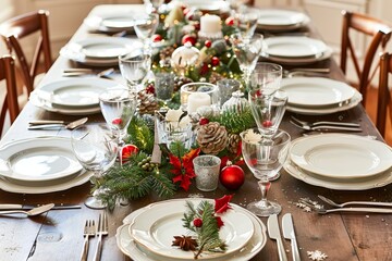 Fototapeta premium Elegant christmas dining table with festive decorations and candlelight.