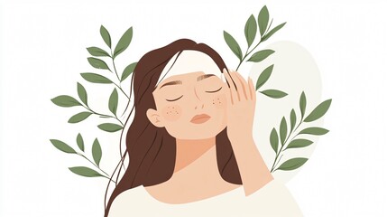 Woman with a headband touching her face, surrounded by leaves. Concept of natural skincare and beauty treatment