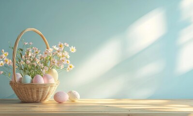 A beautifully arranged wicker basket filled with pastel-colored eggs, surrounded by delicate flowers, set against a soft blue background that evokes feelings of spring and renewal.