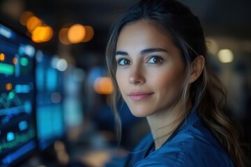 Naklejka premium healthcare professional analyzing patient data on multiple screens while working night shift in modern hospital emergency department setting