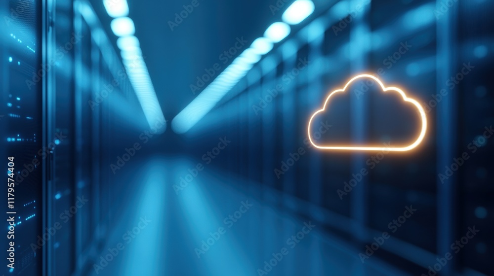 Poster clouds in a server room creating a unique contrast of technology and nature highlighting innovation 