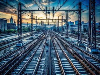 Fototapeta premium Frankfurt Main Railway Station: Symmetrical Black & White Tracks, Switches, and Interchanges