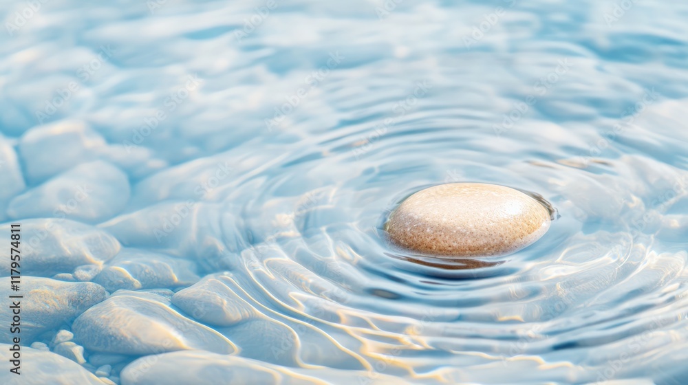 Poster Concentric ripples expanding on a transparent lake surface with a stone gently disturbing the calm water and underlying pebbles visible beneath the surface