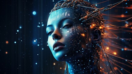 Female face with matrix digital numbers, dots, links, hologram. The concept of artificial intelligence AI with a human face. Digital screen