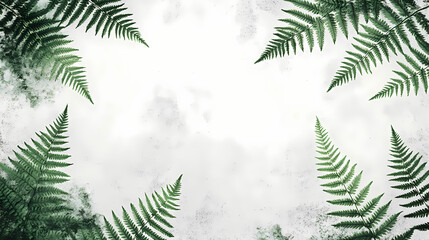 Obraz premium Monochromatic green fern leaves on textured white canvas - worm's eye view. Shadowmoss. Illustration