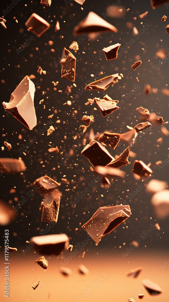 Aufkleber Small and large pieces of milk chocolate are exploding and levitating against a blurred brown background, creating a visually appealing scene perfect for any chocolate lover