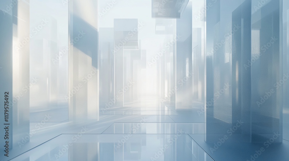 Poster Modern minimalistic interior with translucent glass structures and soft light