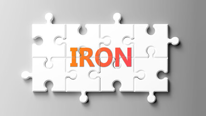 Iron complex like a puzzle - pictured as word iron on a puzzle pieces to show that iron is complex and needs cooperating pieces that fit together. ,3d illustration