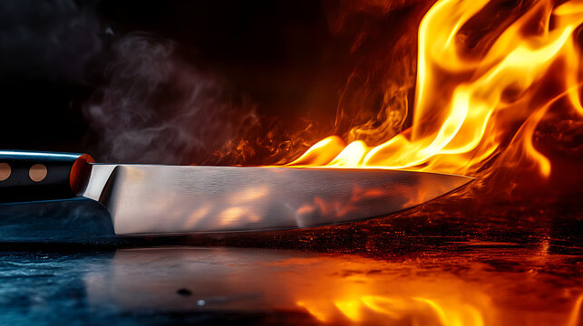 A knife with flames reflecting off its blade, creating a dramatic and intense atmosphere.