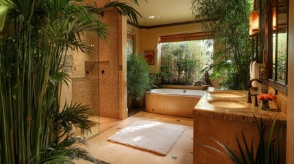 Fototapeta premium Luxurious bathroom with tropical plants, bathtub, and double vanity.