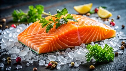 Fresh Atlantic Salmon Fillet on Ice, Ready to Eat - Close-Up