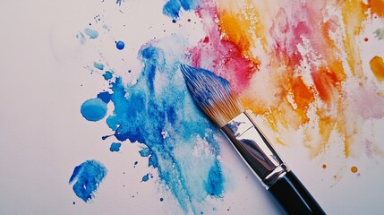 Obraz premium A watercolor paintbrush with a dipped tip, lying beside vibrant paint splashes on white,