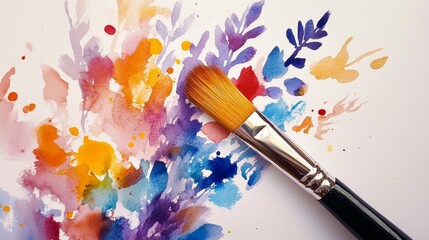 Obraz premium A watercolor paintbrush with a dipped tip, lying beside vibrant paint splashes on white,