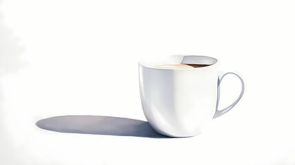 Plain white coffee cup against white background, high-key lighting for clean, vibrant look, shadowless to emphasize purity of design. Shadowmoss. Illustration