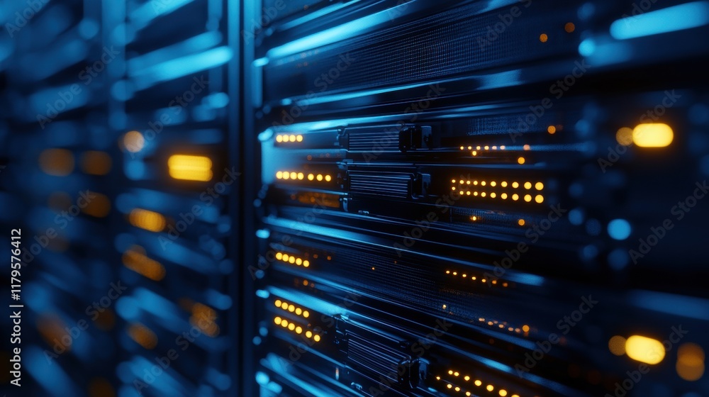 Poster high tech server rack in modern server room with bright led indicators and organized cabling for eff
