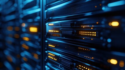 High Tech Server Rack in Modern Server Room with Bright LED Indicators and Organized Cabling for Efficient Data Management
