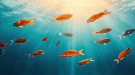 A serene underwater scene featuring a school of golden fish swimming gracefully in sunlit waters.
