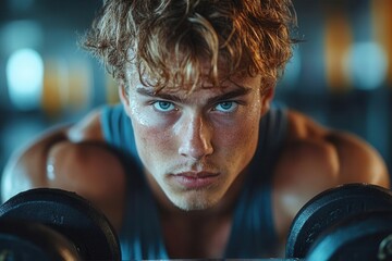 humorous portrait of skinny beginner at modern gym attempting first workout with light dumbbells showing determination despite awkward form
