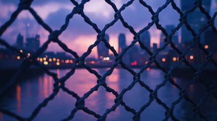 City skyline through a fence at sunset, with colorful lights reflecting on the water below. A vibrant urban scene in twilight.