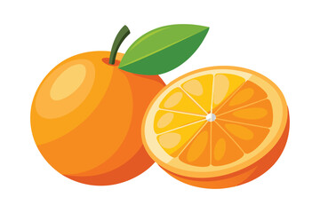 A fresh orange fruit with green leaves and a slice of juicy citrus on a white background