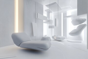 Abstract minimalist 3d room with floating furniture in soft white tones,
