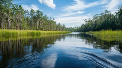 Obraz premium Scenic River Reflections Cypress Trees, Sky, and Lush Marshland
