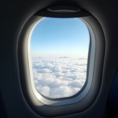 Vue depuis une cabine d'avion : Ciel clair parsemé de nuages fluides, capturé depuis une fenêtre ouverte