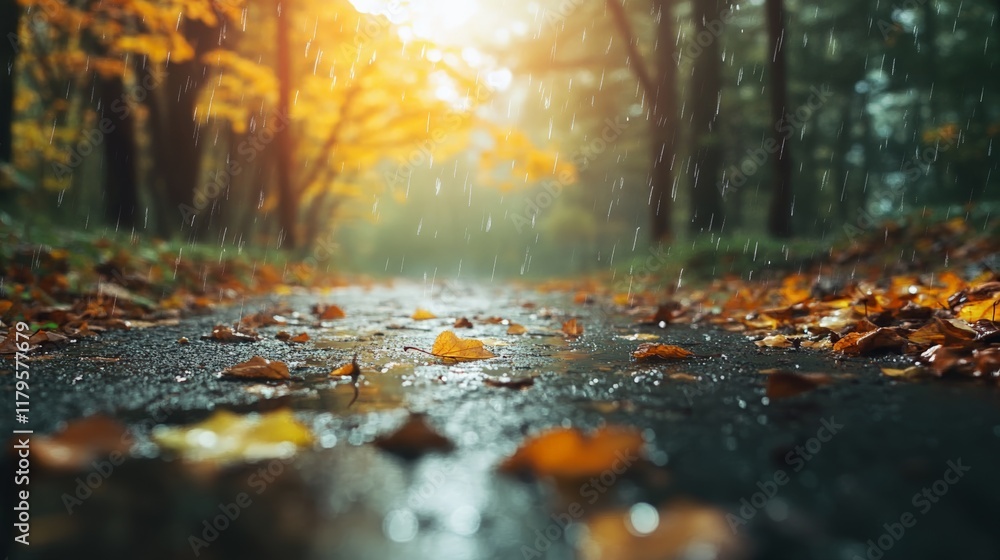 Poster Raindrops cascade onto a forest path blanketed with vibrant autumn leaves. Sunlight filters through trees, illuminating the scene with a warm glow, creating a serene and tranquil atmosphere