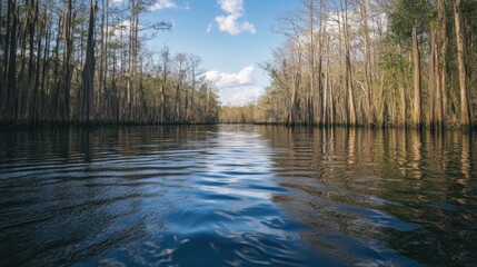Fototapeta premium Cypress Trees Reflected in Calm Swamp Water Scenic Nature