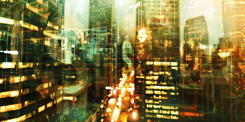 Digital Overlay of Dollar Signs and Cityscape at Night