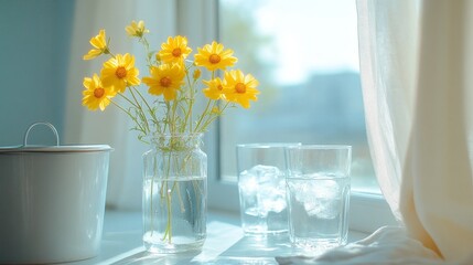 Transparent glass vase with yellow flowers on the windowsill next to an ice bucket and two white glasses of water in a bright kitchen. Soft lighting, clean, fresh, and natural style.