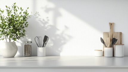Minimalist Kitchen Still Life: Sunlight Dappled Countertop with Greenery and Utensils