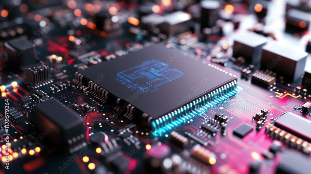 Poster detailed computer processor with a blue chip highlighting advanced technology in a modern digital en