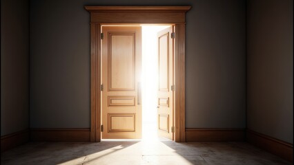 A warm glow spills from an open doorway, illuminating a wooden frame and square-tiled floor, inviting discovery within