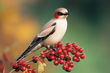 Waxwing Bird Perched on a Branch of Red Berries