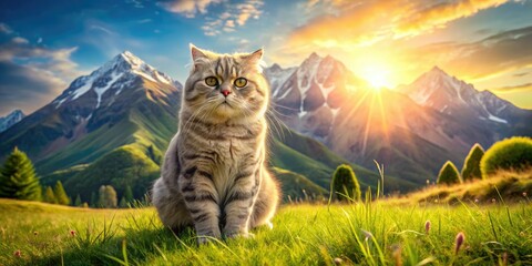 Obraz premium Fluffy Scottish Fold kitten plays amidst breathtaking Highland scenery.