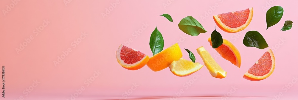 Aufkleber Slices of grapefruit, orange, and lemon with green leaves are levitating on a vibrant pink background, creating a dynamic and refreshing visual