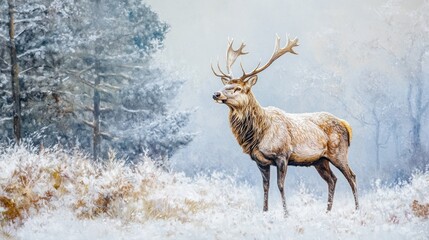 Obraz premium Majestic stag in snowy winter forest.
