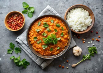 Homemade Red Lentil Dahl with Rice & Cilantro - Top View Food Photography