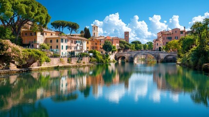 Picturesque Italian River Scene with Bridge and Colorful Buildings