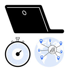Fototapeta premium Laptop stopwatch globe with location markers. Ideal for time management, global collaboration, efficiency, remote work, connectivity, productivity, online communication. Line metaphor
