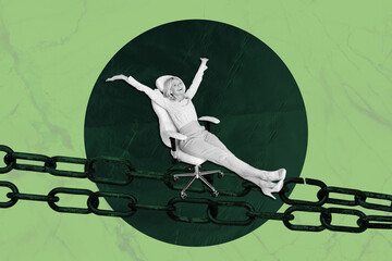 Composite art 3d creative image collage of excited girl ride stool chain metal trap workaholic...