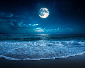 Serene Night Seascape Full Moon over Ocean Waves